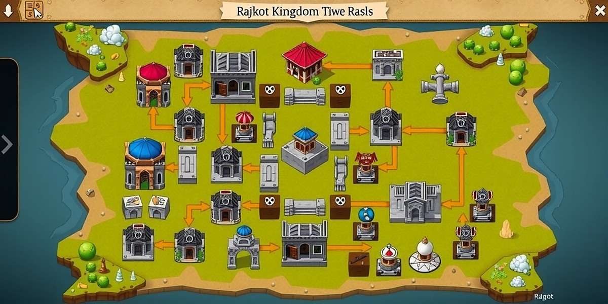 Rajkot Rulers Optimal Layout Rajkot Rulers strategy guide showing optimal kingdom layout with defensive structures, resource buildings, and military facilities